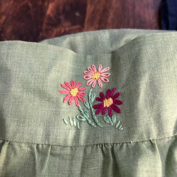 Vintage 70s Green Squareneck Top Embroidered Heart Flower Womens Medium Peasant - Picture 3 of 4